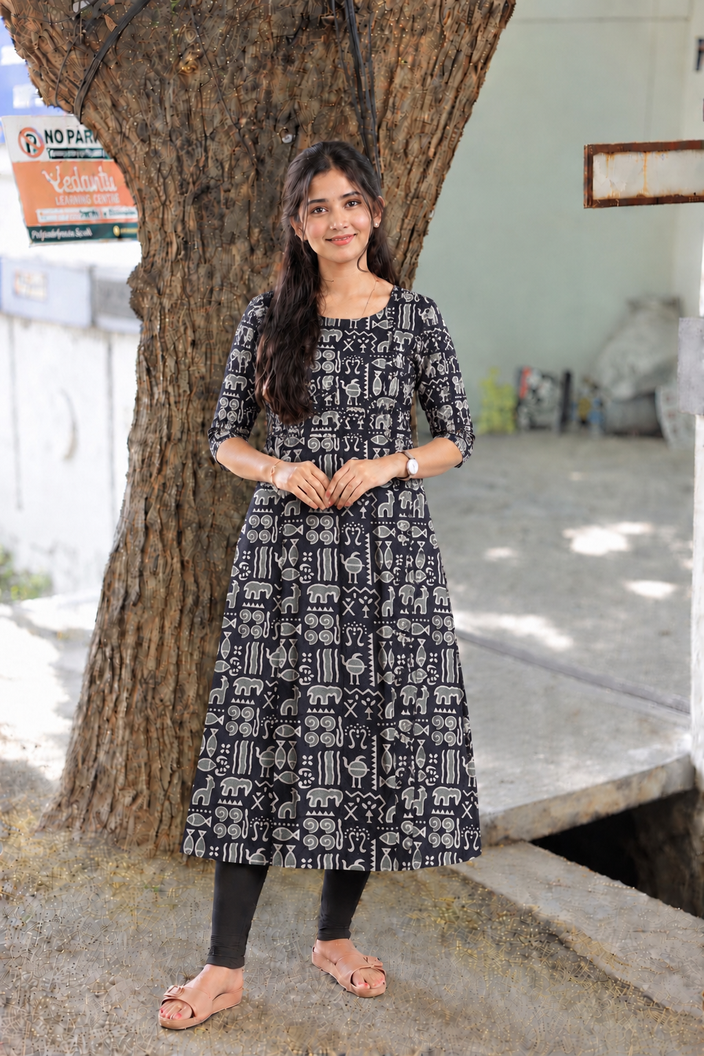 Block printed kalamkari cotton Maternity 2 pc chudidhar set [ Top with double side zip, and dupatta - Black fish