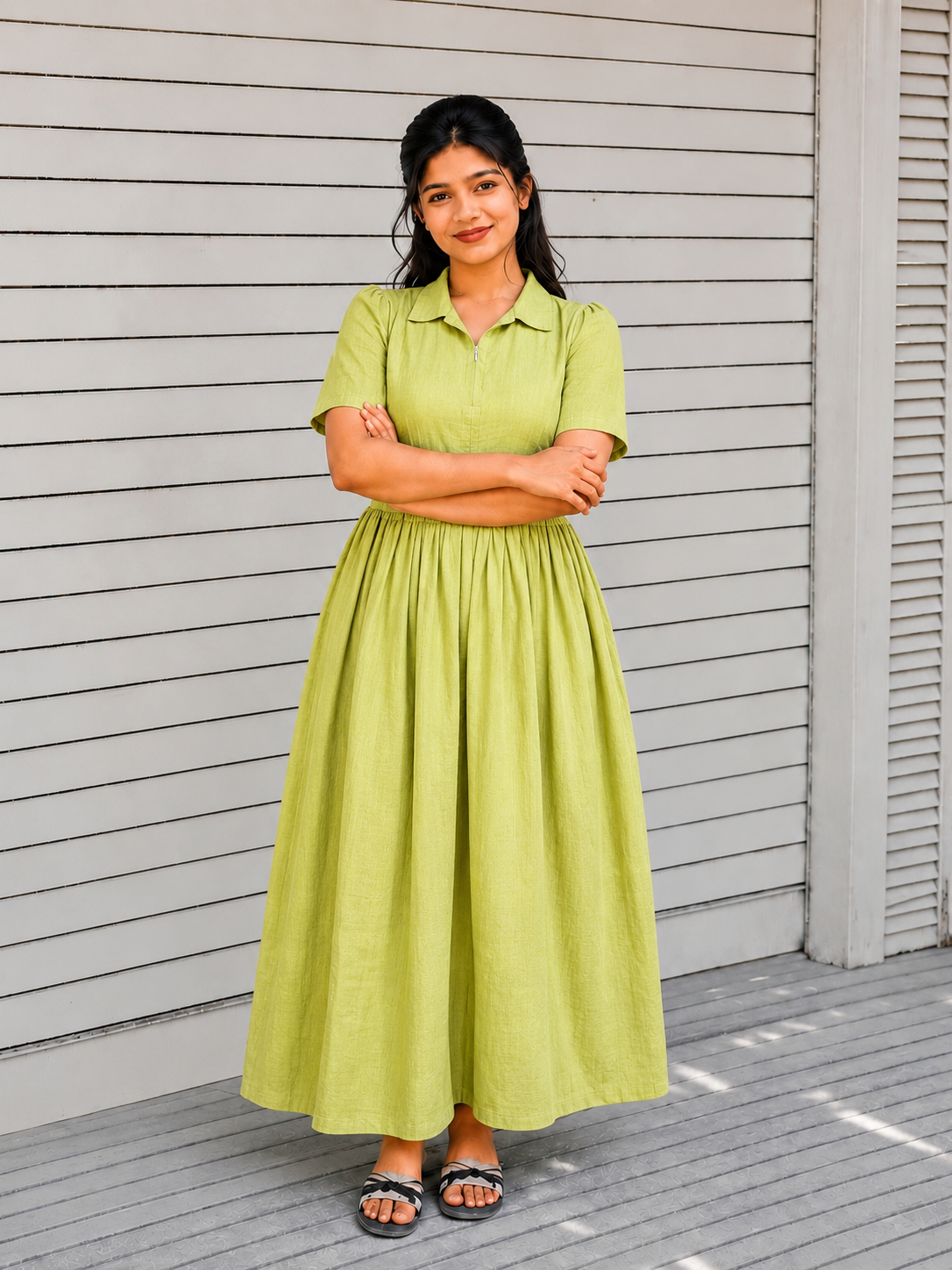 Premium Cotton - Feeding/ Maternity Maxi/Gown - Cotton lining /Center zip -Collar  Green