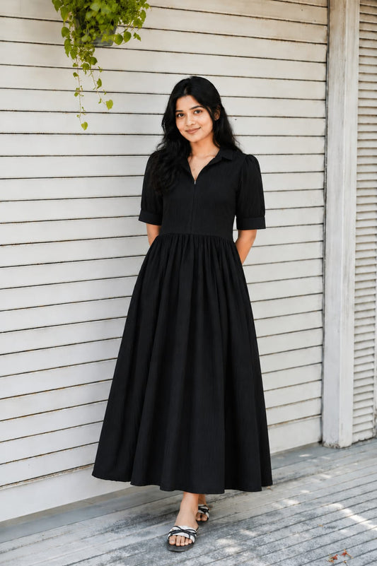 Maxi/ Gown-  Premium Muslin -  Maternity/Center zip - Self black Muslin