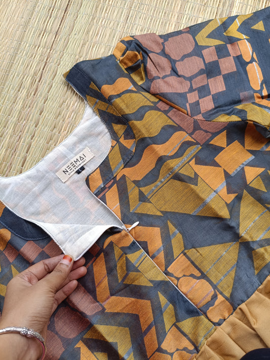 Raw silk Maternity/Feeding Maxi/Gown in center zip - Festival Collection- Full cotton lining - Geometry