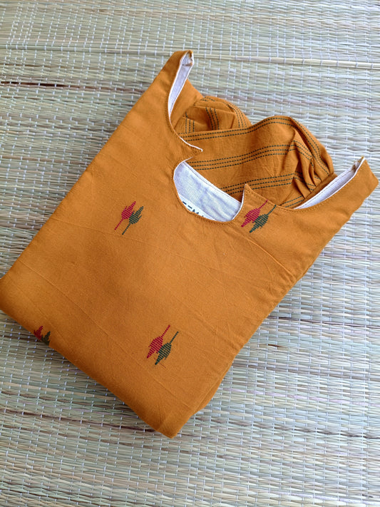 Handloom Cotton Maternity Feeding Gown/ maxi/ Double side zip– Drak yellow  and red,green butta