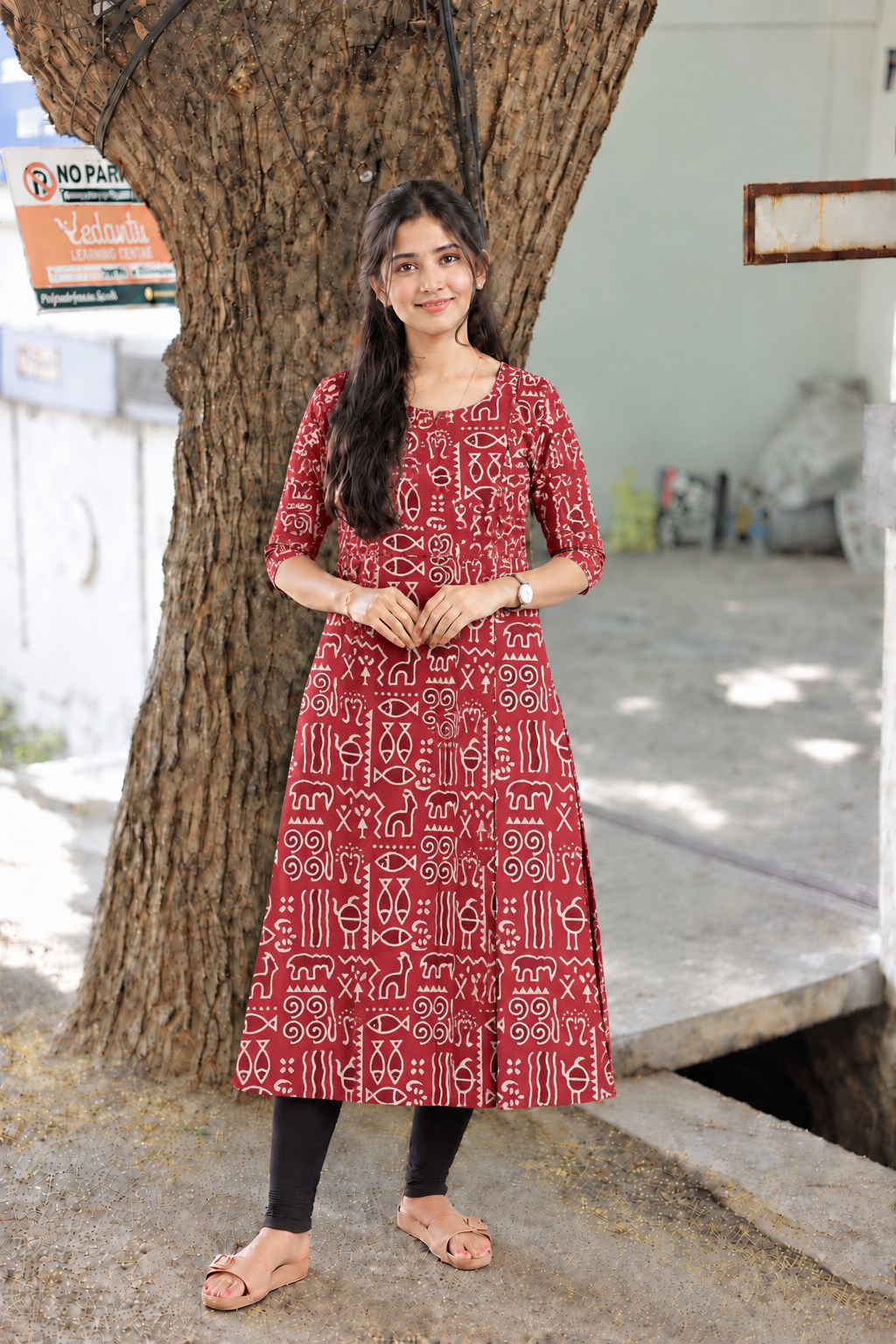 Block printed kalamkari cotton Maternity 2 pc chudidhar set [ Top with double side zip, and dupatta - Red fish