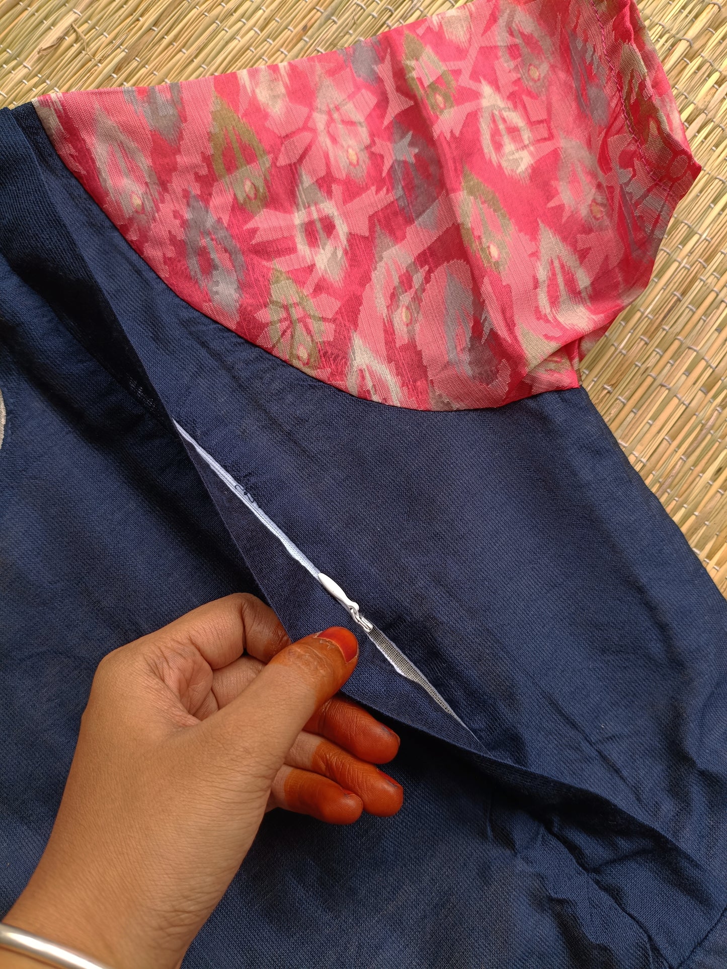 Soft silk - Double side zip  Maternity Maxi/Gown - Festival Collection  - Full cotton Liing - Navy blue