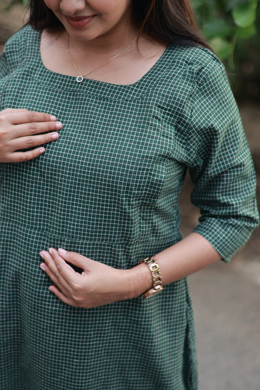 Prewashed pure Cotton checks / Maternity 2 pc Coordset [ Top with double side zip, and Pant] - Small checks Green