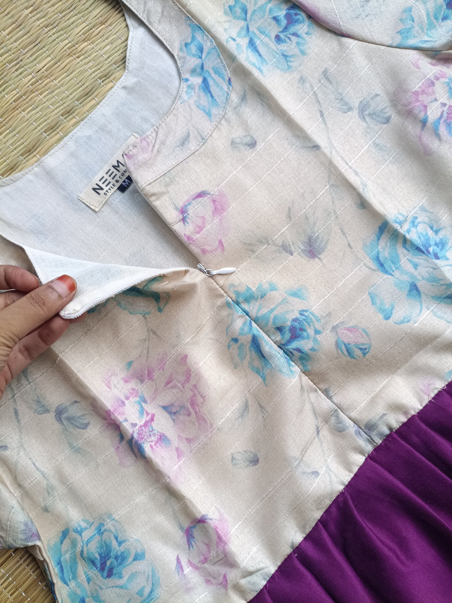 Raw silk Maternity Maxi/Gown in center zip - Festival Collection- Full cotton lining - Violet with white flower