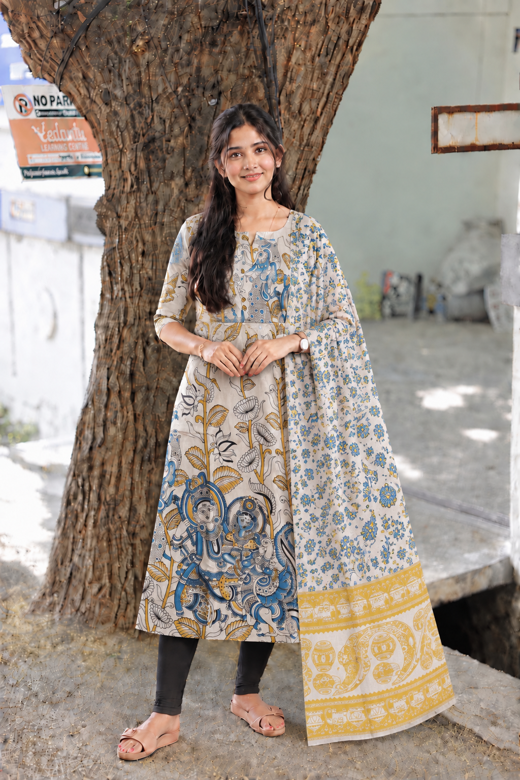 Block printed kalamkari cotton Maternity 2 pc chudidhar set [ Top with double side zip, and dupatta - Blue and yellow