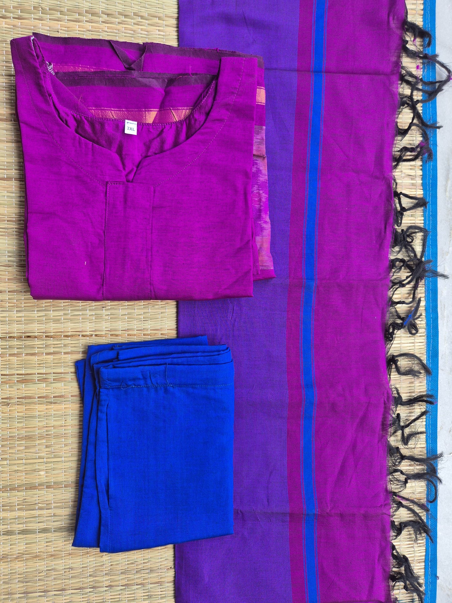 Pochampally sico set/ maternity 3 pc chudidhar set [ Top with center zip, pant and dupatta - Purple pink - A line no side open