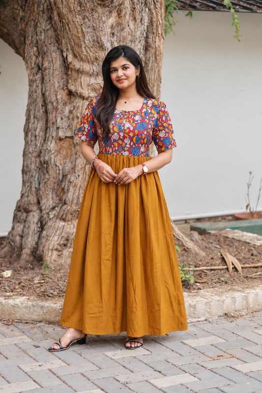 Cotton / Raw silk Maternity Maxi/Gown in center zip - Festival Collection- Full cotton lining - Honey with red flower
