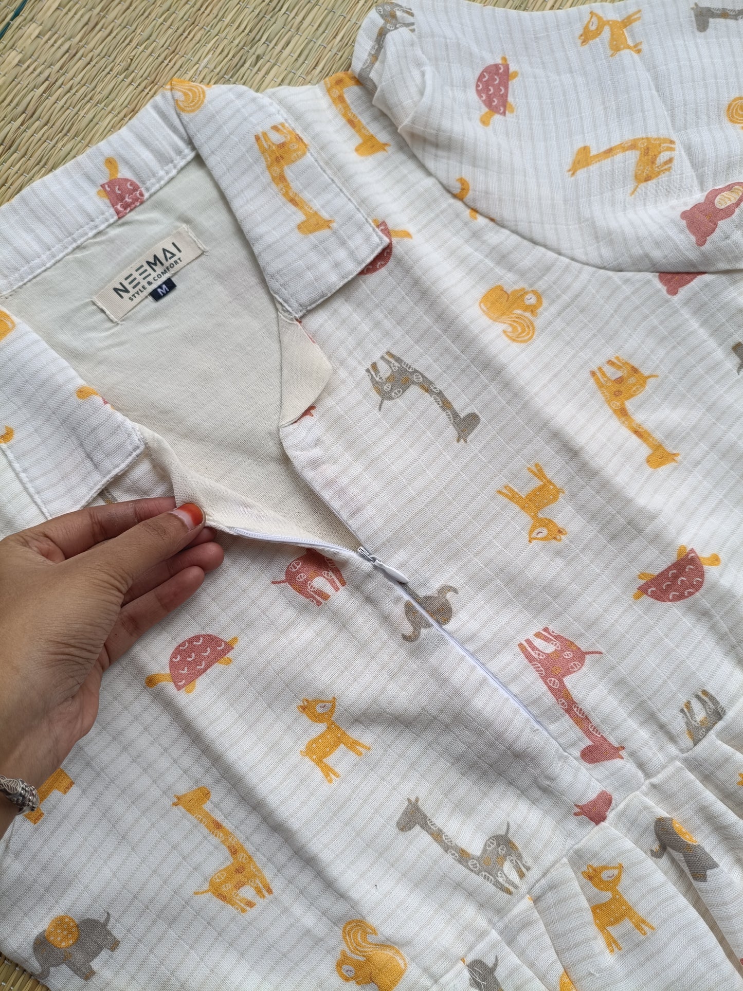 Premium Muslin - Feeding/ Maternity Maxi/Gown - Cotton lining /Center zip -Collar multi color animals