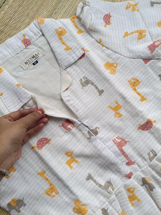 Premium Muslin - Feeding/ Maternity Maxi/Gown - Cotton lining /Center zip -Collar multi color animals
