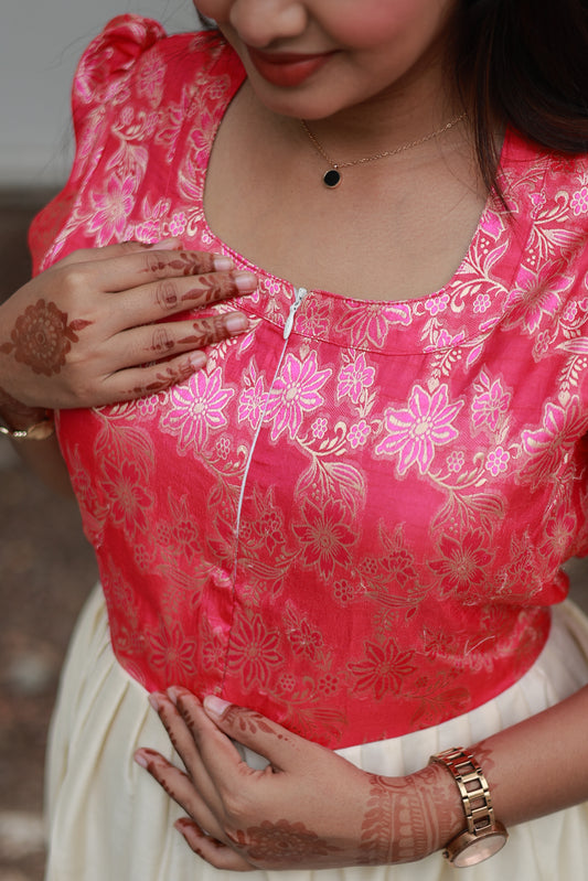 Raw silk Maternity Maxi/Gown in center zip - Festival Collection- Full cotton lining - Half white with pink