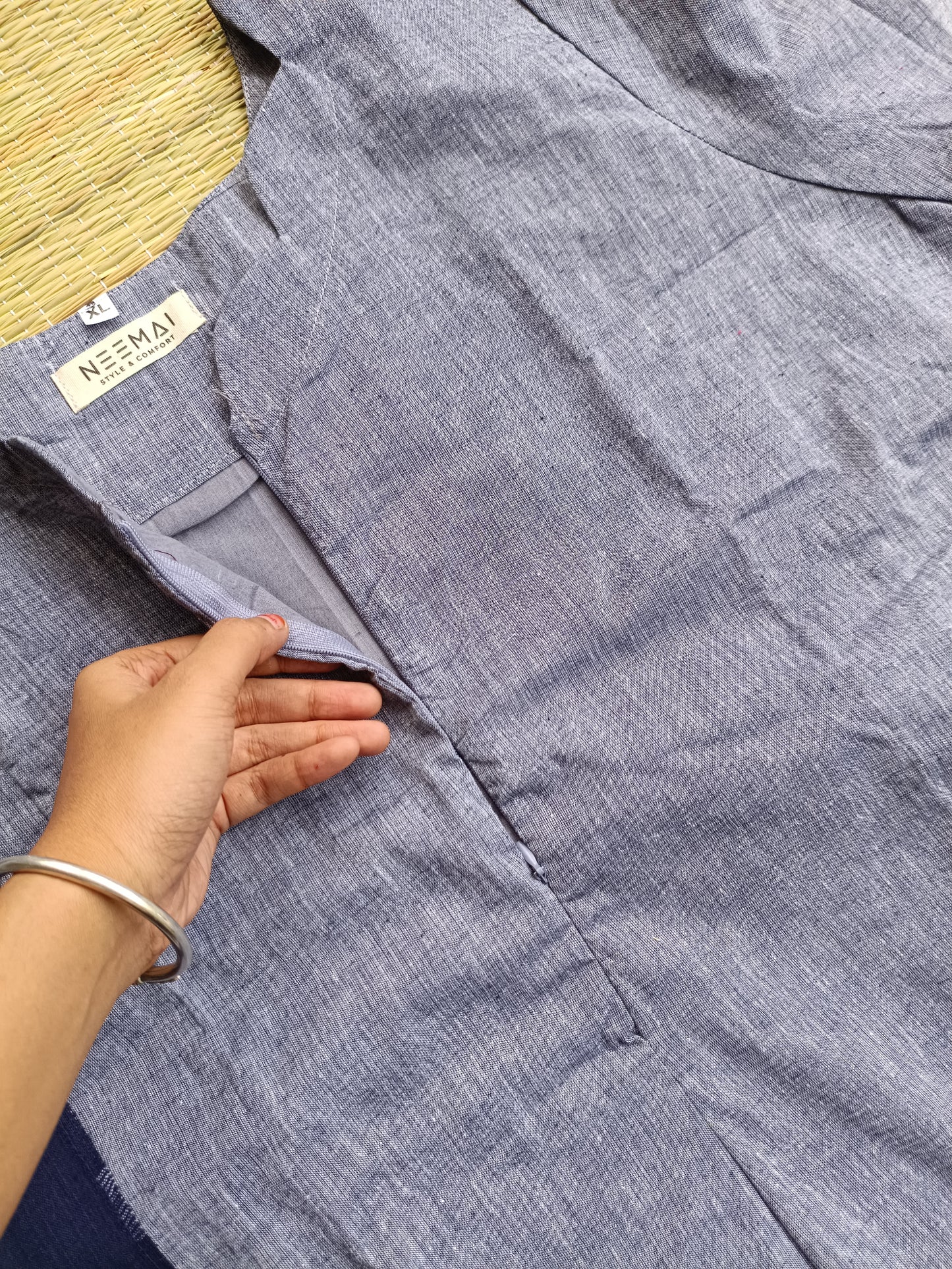 Handloom cotton Maternity 3 pc chudidhar set [ Top with center zip, pant and dupatta] -  Grey and blue