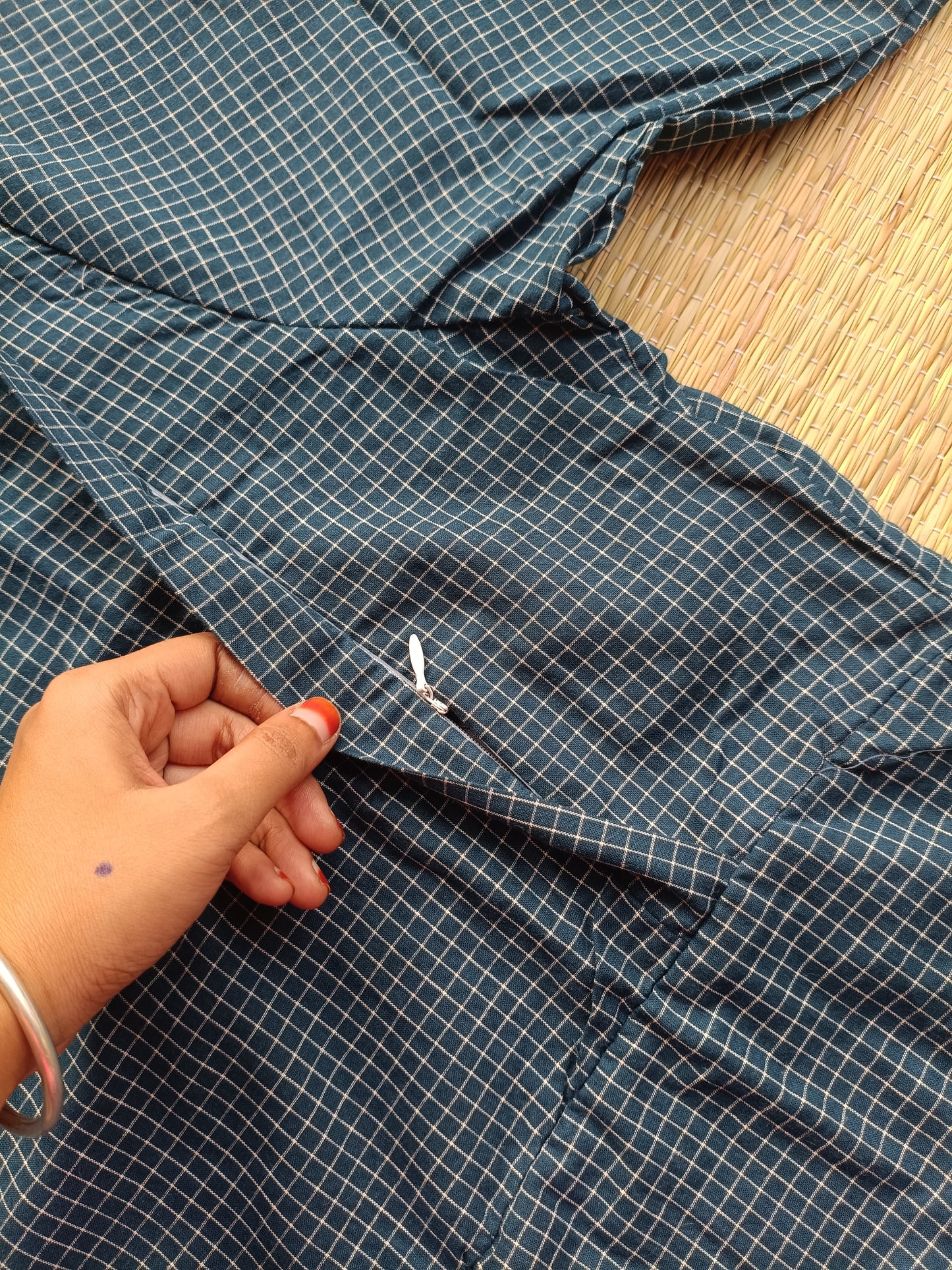 Prewashed pure Cotton checks / Maternity 2 pc Coordset [ Top with double side zip, and Pant] - Small checks blue