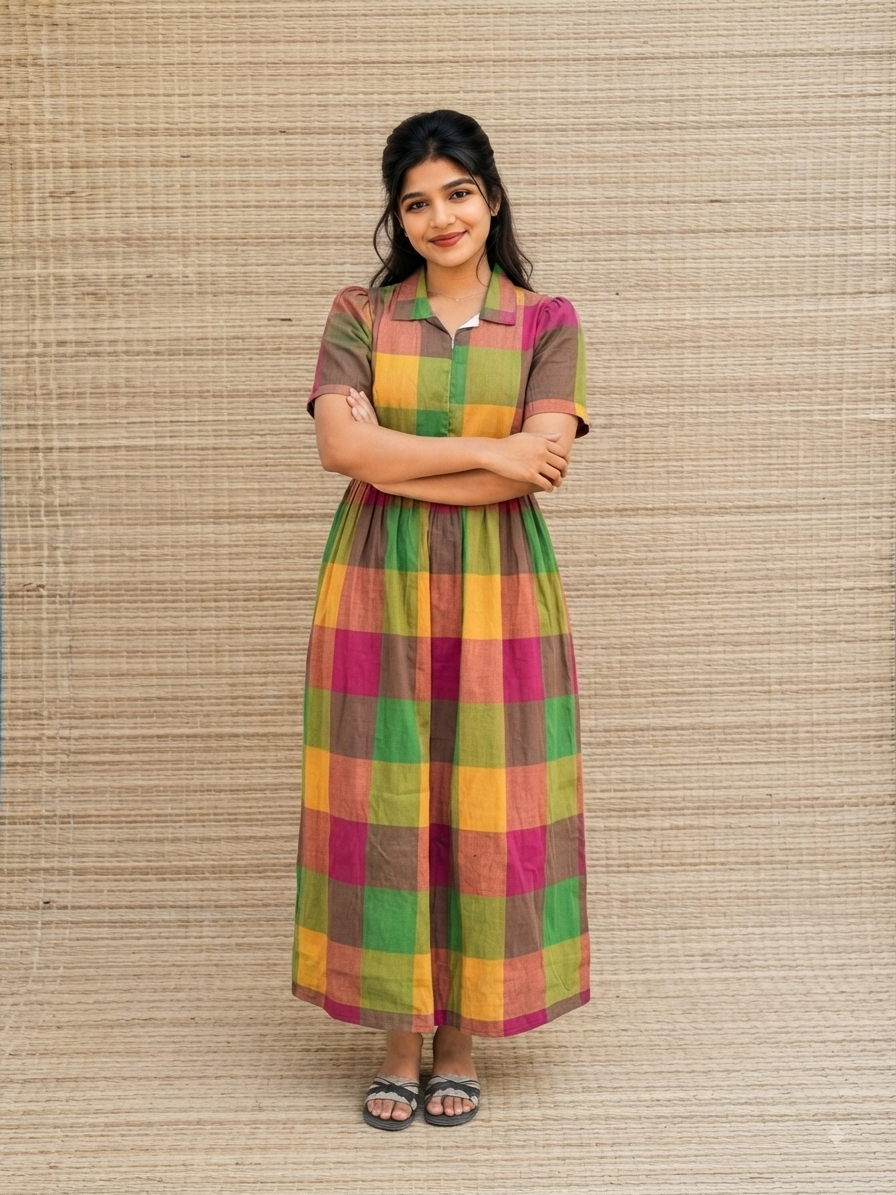 Madras checks Cotton - Feeding/ Maternity Maxi/Gown - Cotton lining /Center zip -Multi color