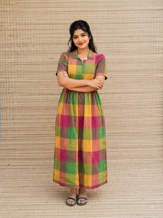 Madras checks Cotton - Feeding/ Maternity Maxi/Gown - Cotton lining /Center zip -Multi color