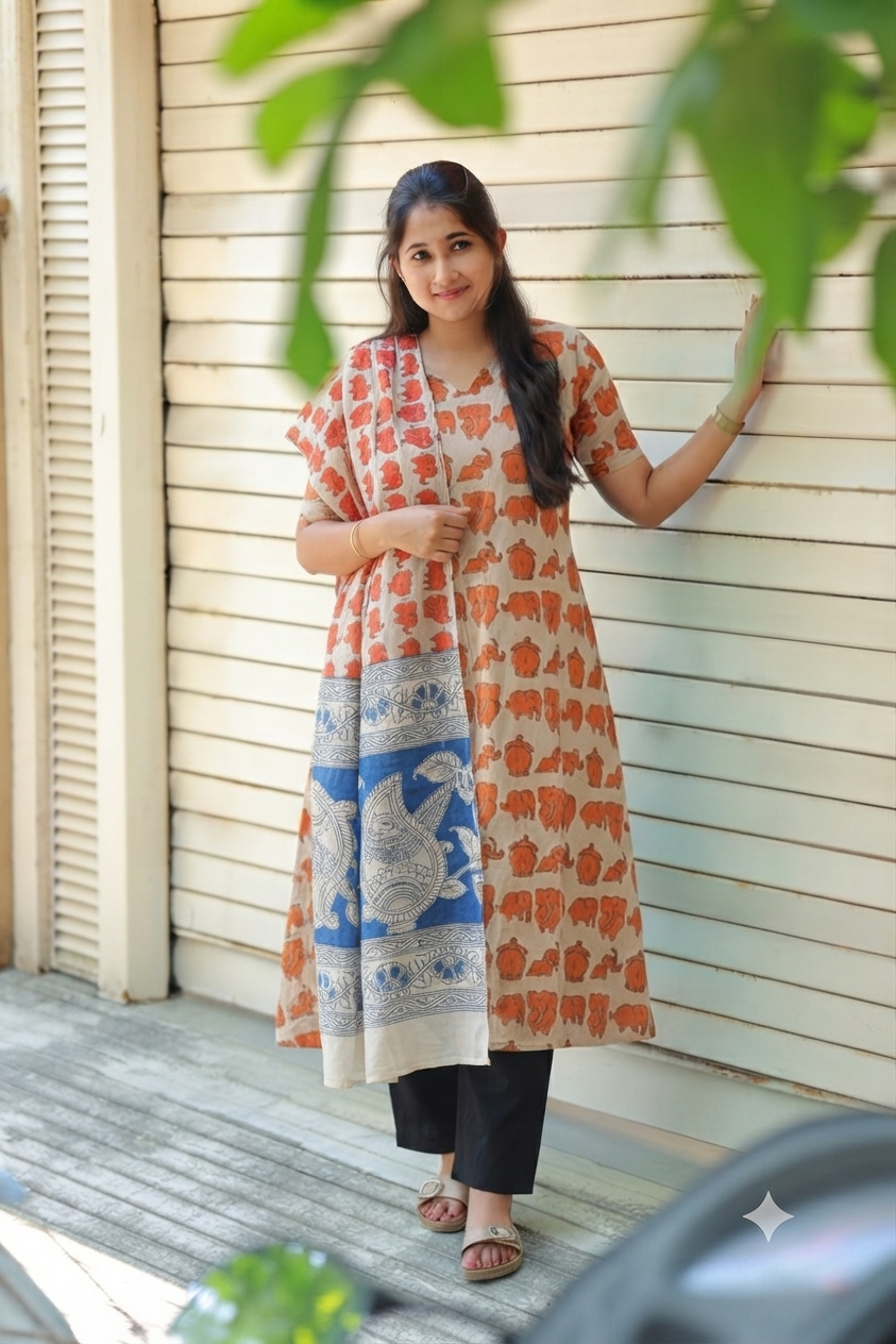 Block printed kalamkari cotton Maternity 2 pc chudidhar set [ Top with center zip, and dupatta - Orange elephant kalamkari