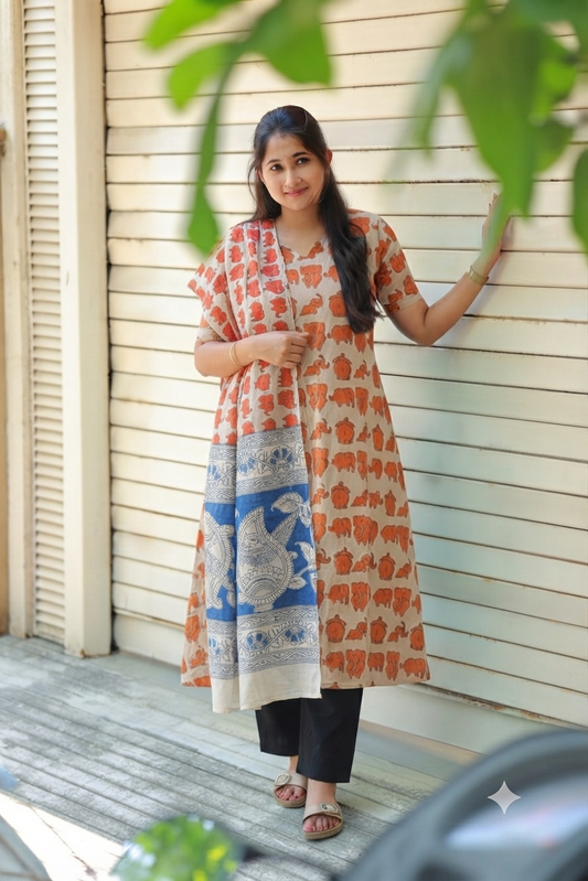 Block printed kalamkari cotton Maternity 2 pc chudidhar set [ Top with center zip, and dupatta - Orange elephant kalamkari
