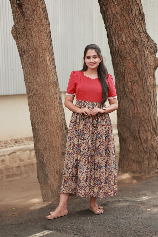 Block printed premium Kalamkari Cotton - Feeding/Maternity- Maxi/Gowns- Double side zip- Red Kalamkari