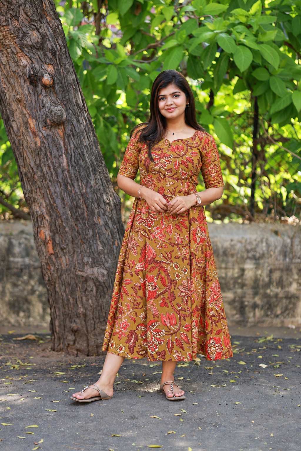 Kalamkari Cotton  A line Maternity Feeding Kurti /Center Zip( Dress length 45 inches)- Orange flower