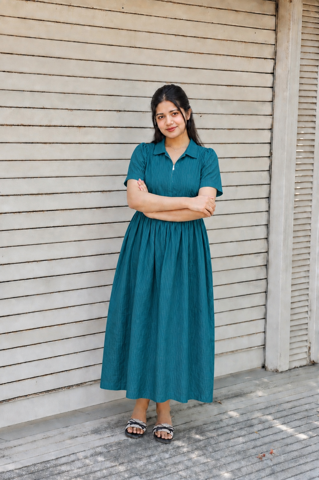 Prewashed handloom Cotton - Feeding/ Maternity Maxi/Gown - Cotton lining /Center zip -Collar Green stripe