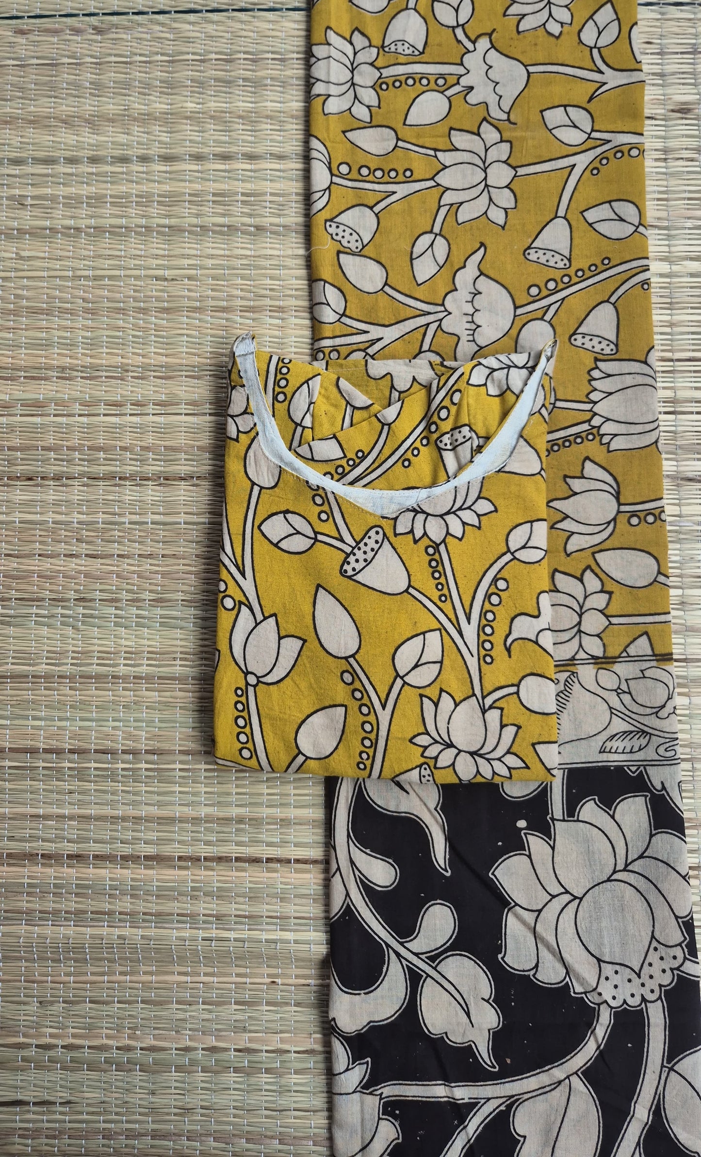 Block printed kalamkari cotton Maternity 2 pc chudidhar set [ Top with double side zip, and dupatta -Yellow flower