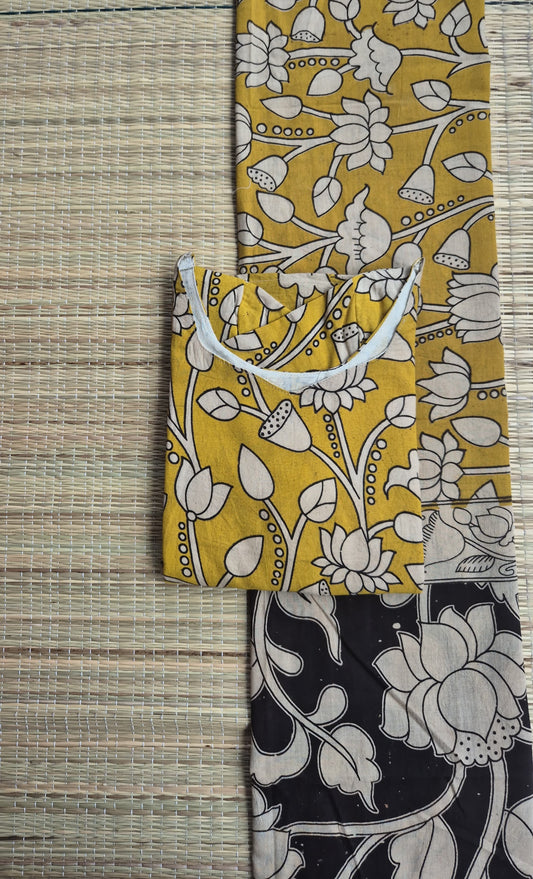 Block printed kalamkari cotton Maternity 2 pc chudidhar set [ Top with double side zip, and dupatta -Yellow flower