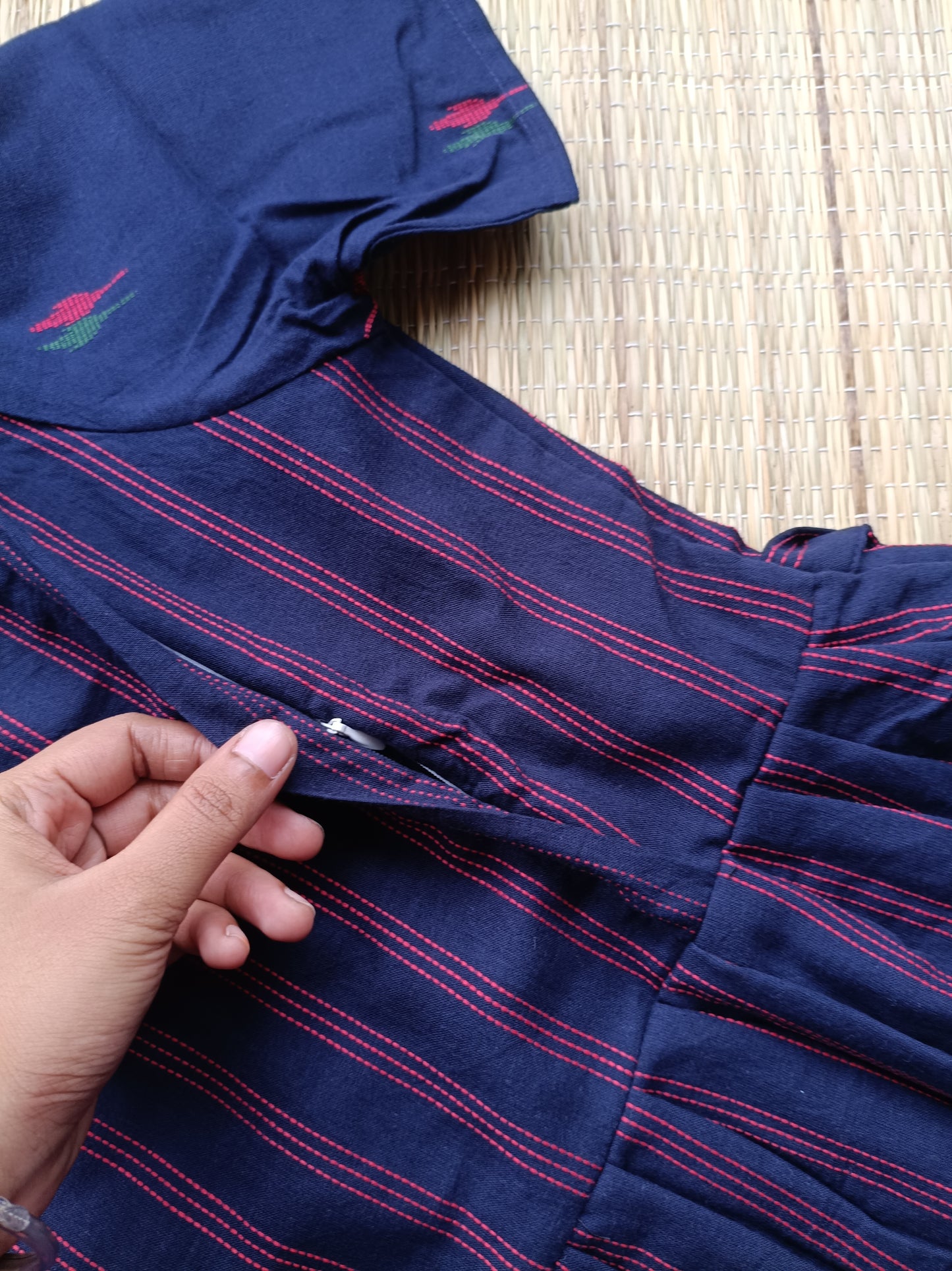 Handloom Cotton Maternity Feeding Gown/ maxi / Double side zip–Navy blue with pink line