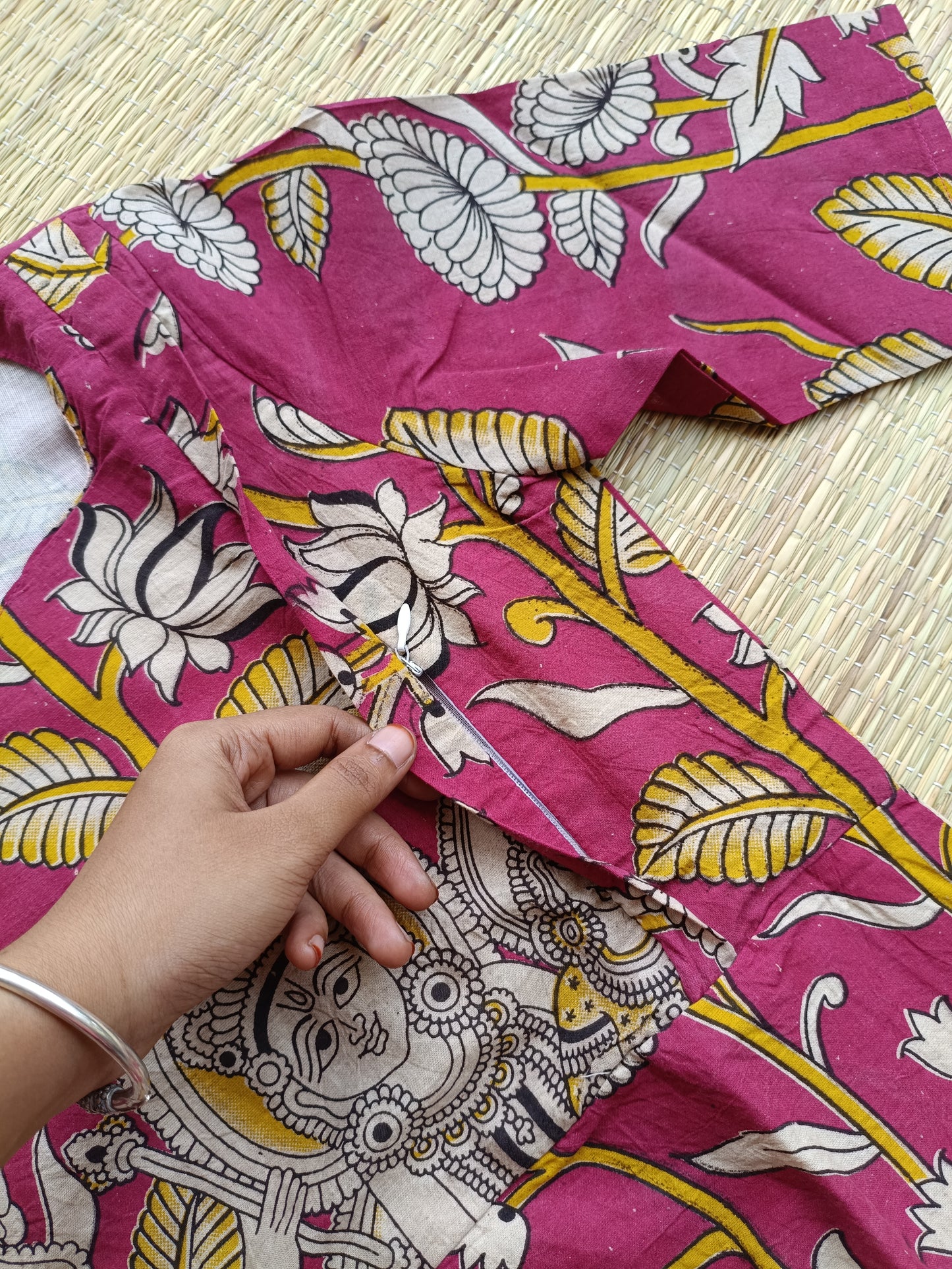 Block printed kalamkari cotton Maternity 2 pc chudidhar set [ Top with double side zip, and dupatta - Pink and yellow