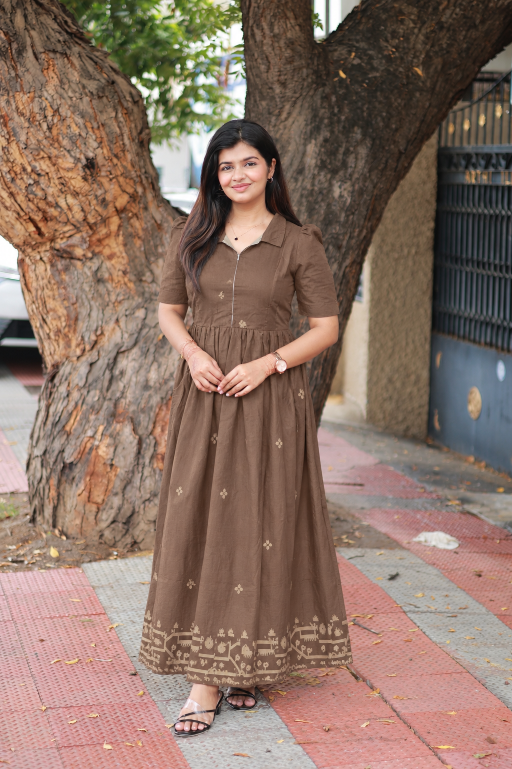 Prewashed Handloom Jamdani - Maternity / Feeding - Maxi/Gown - Cotton Lining - Center zip- Collar Mocha Brown