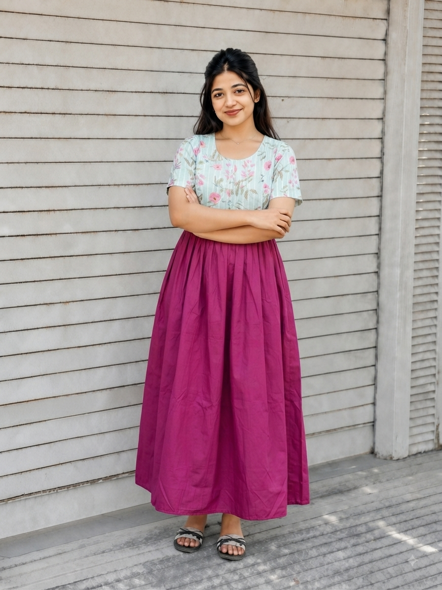 Cotton / Raw silk Maternity Maxi/Gown in center zip - Festival Collection- Full cotton lining - Vadamalli with pink flower