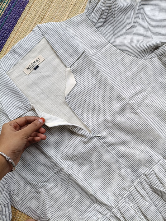 Prewashed handloom Cotton - Feeding/ Maternity Maxi/Gown - Cotton lining /Center zip -Collar White stripe
