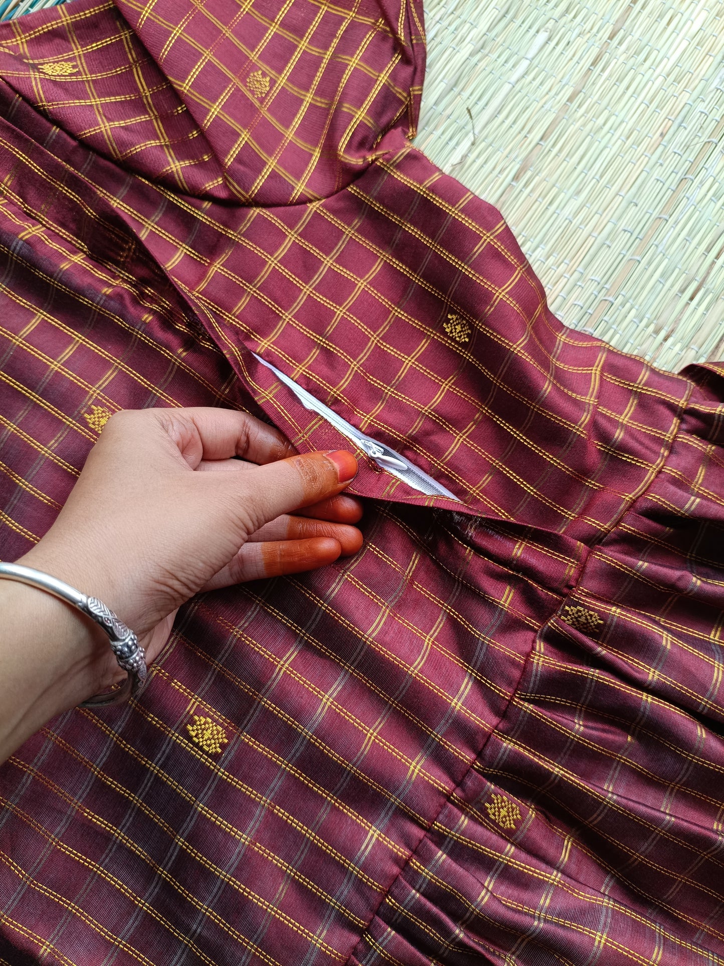 Raw silk Maternity Maxi/Gown - Festival Collection - Chettinad Marron checks