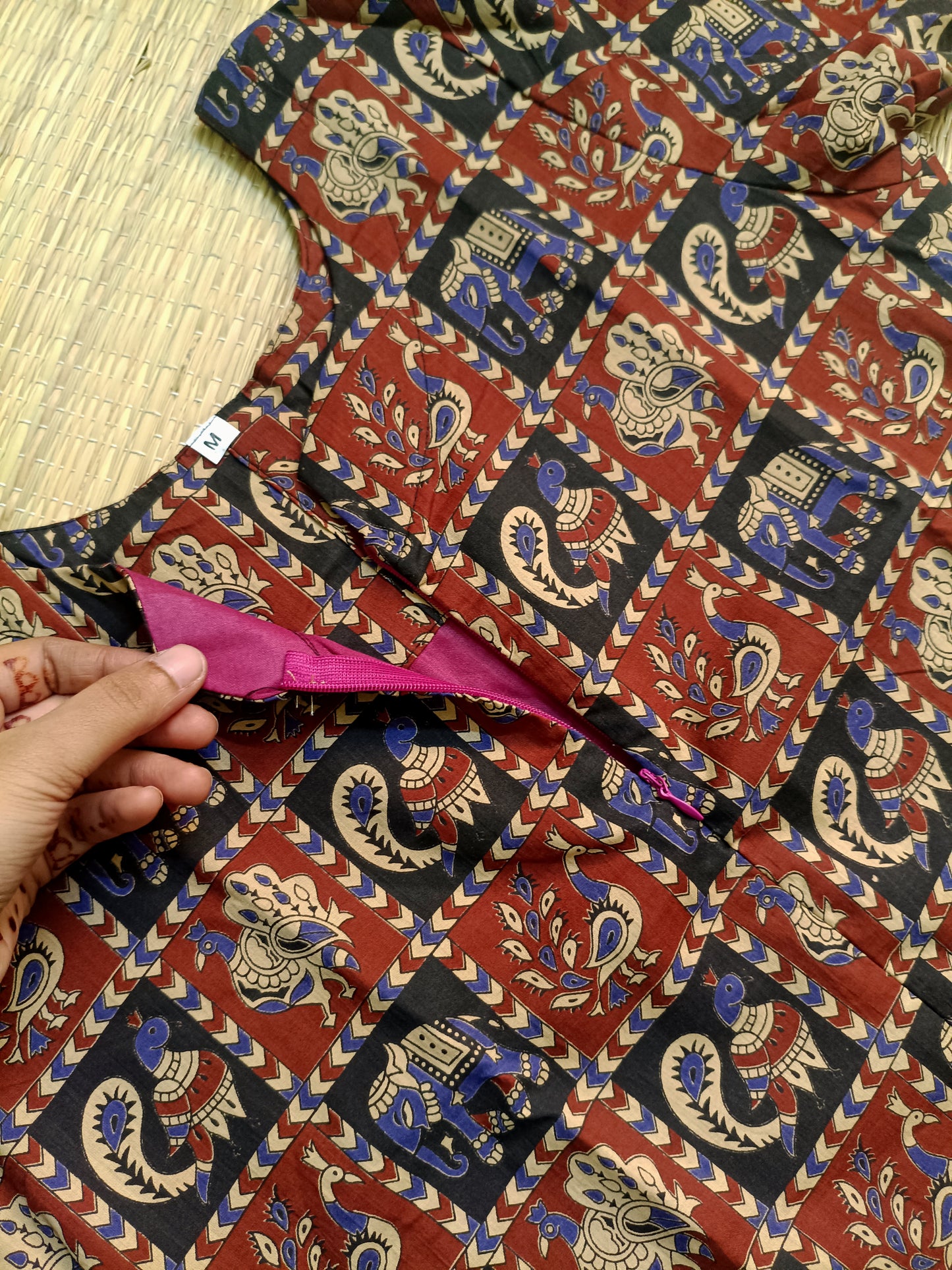Kalamkari Cotton  A line Maternity Feeding Kurti /Center Zip(Dress length 45 inches)- Peacock Box