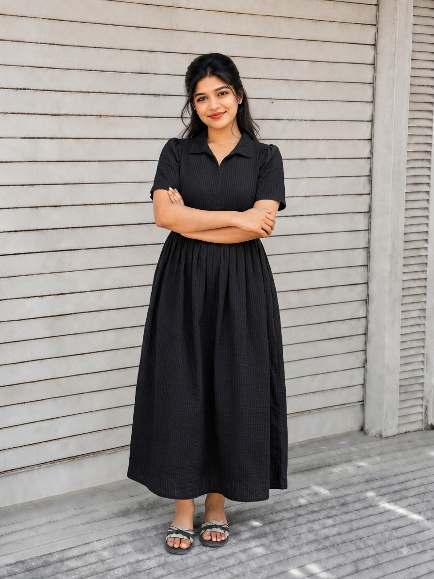 Georgette fabric- Feeding/ Maternity Maxi/Gown - Cotton lining /Center zip -Collar Self black