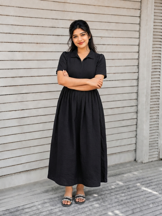 Georgette fabric- Feeding/ Maternity Maxi/Gown - Cotton lining /Center zip -Collar Self black