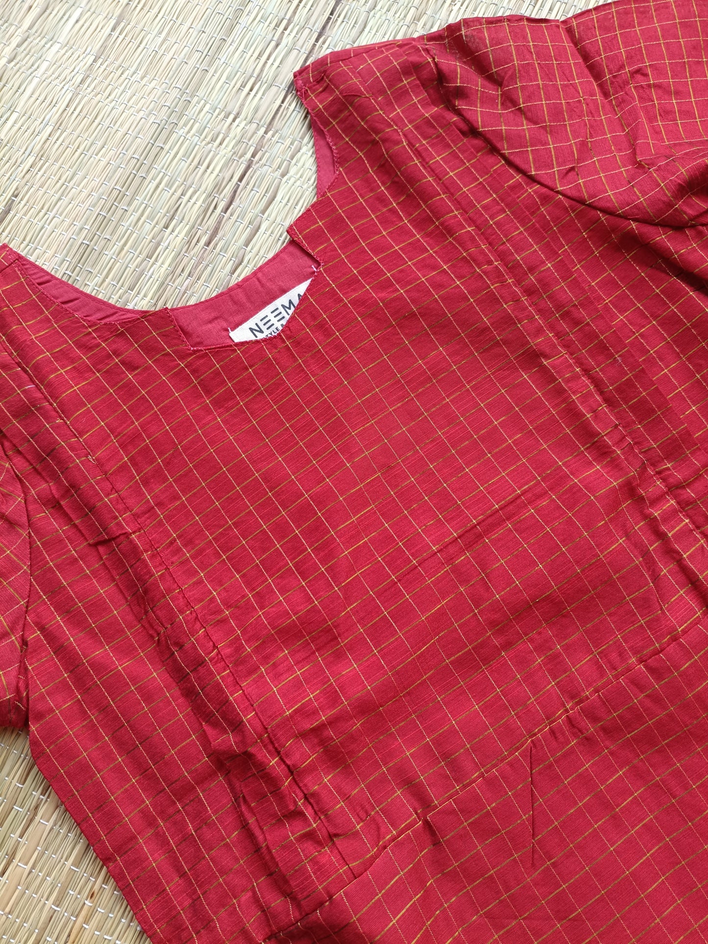Raw Silk Maternity 2 Pc Chudidhar Set – Red checks/Double side Zip Side Open Top + Dupatta)