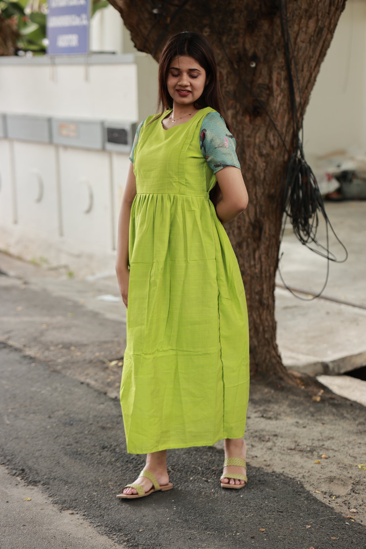 Soft silk - Double side zip  Maternity Maxi/Gown - Festival Collection(Full cotton Lining) - Parrot green