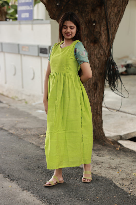 Soft silk - Double side zip  Maternity Maxi/Gown - Festival Collection(Full cotton Lining) - Parrot green