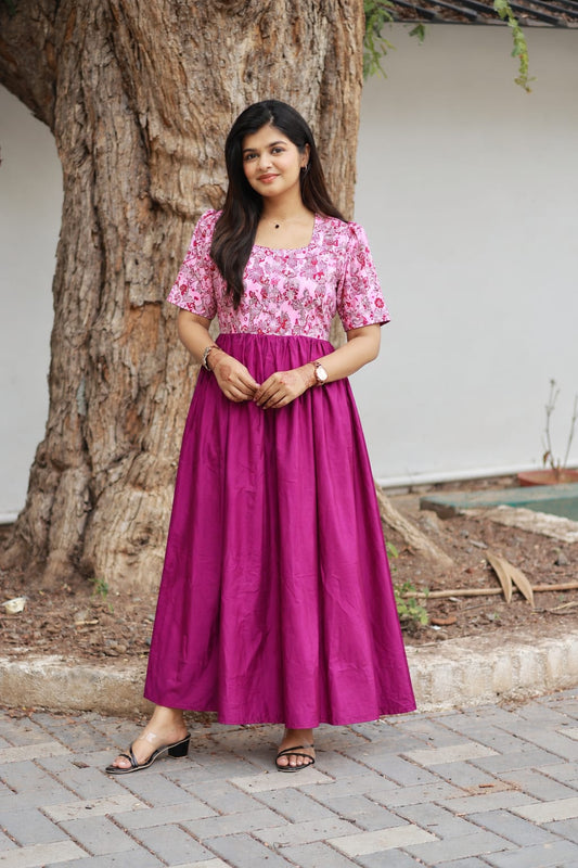 Cotton / Raw silk Maternity Maxi/Gown in center zip - Festival Collection- Full cotton lining - Light Pink with dark pink