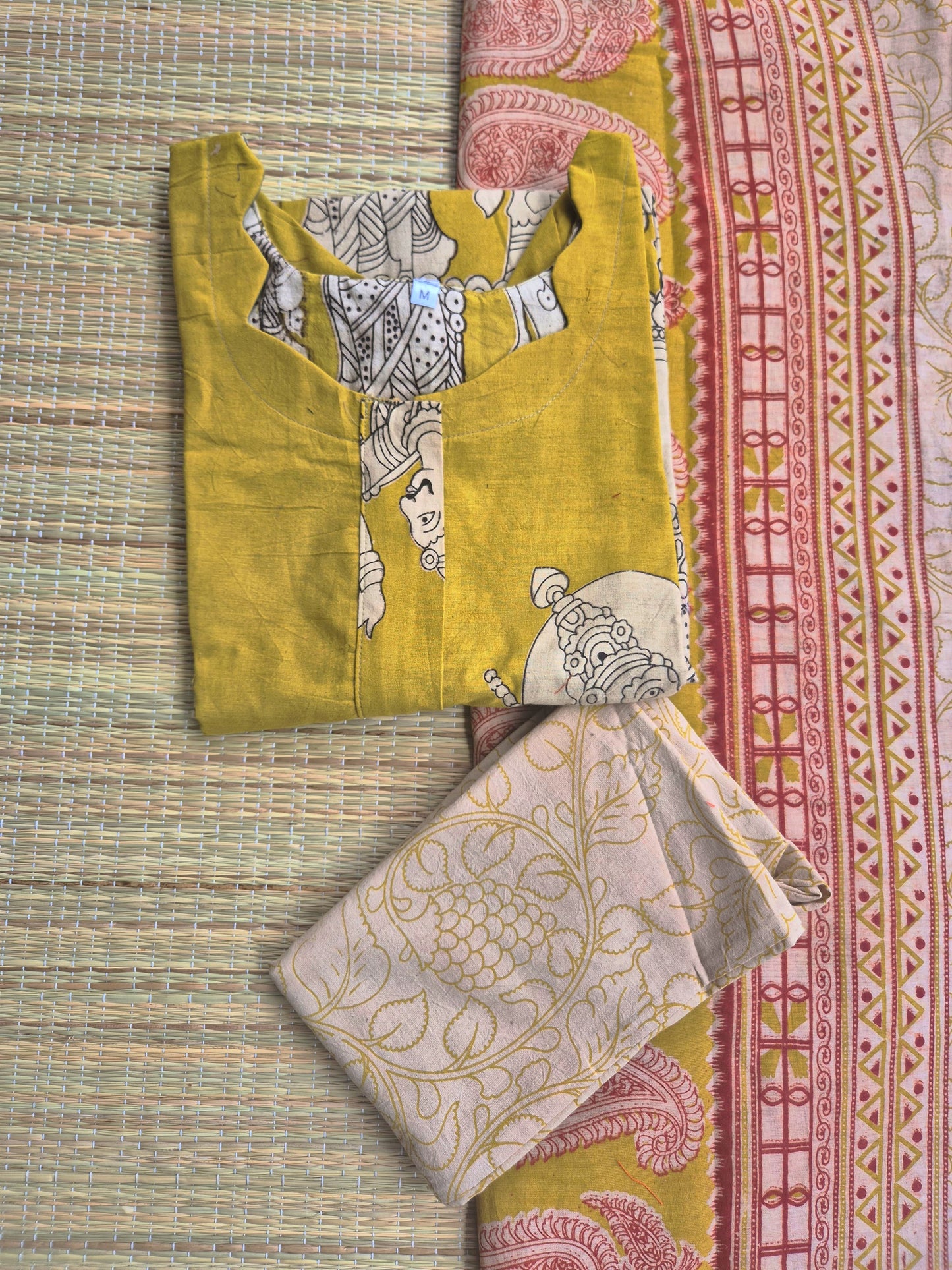 Block printed kalamkari cotton Maternity 3 pc chudidhar set [ Top with center zip, Pant and dupatta - Green ( A line kurti -No side open)