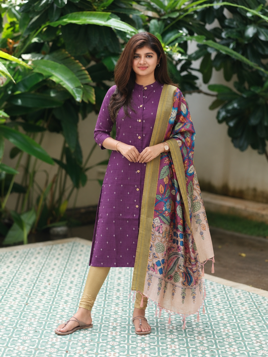 Raw Silk Kurti with Dupatta (also feeding-friendly) – Purple | Front 4 Buttons | Festive Wear