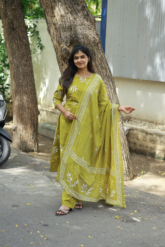Cotton /Maternity 3 pc chudidhar set [ A line Top with double side zip, pant and dupatta] -Olive green ( No side open top)