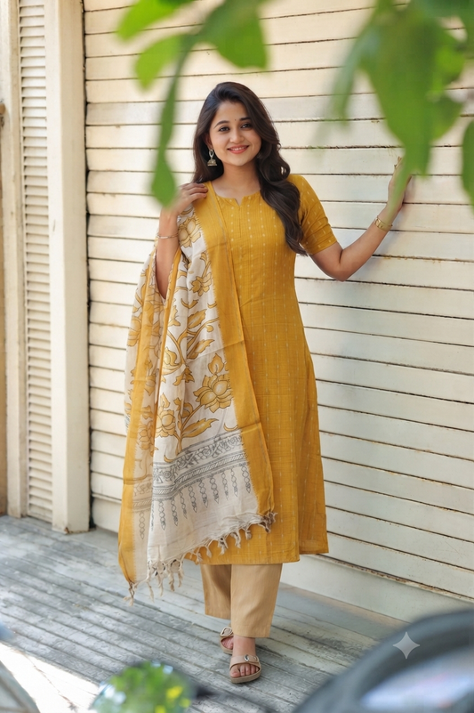 Raw silk Maternity 3 pc chudidhar set [ Top with center side zip,  Pant and dupatta - Yellow (A line kurti) No side open