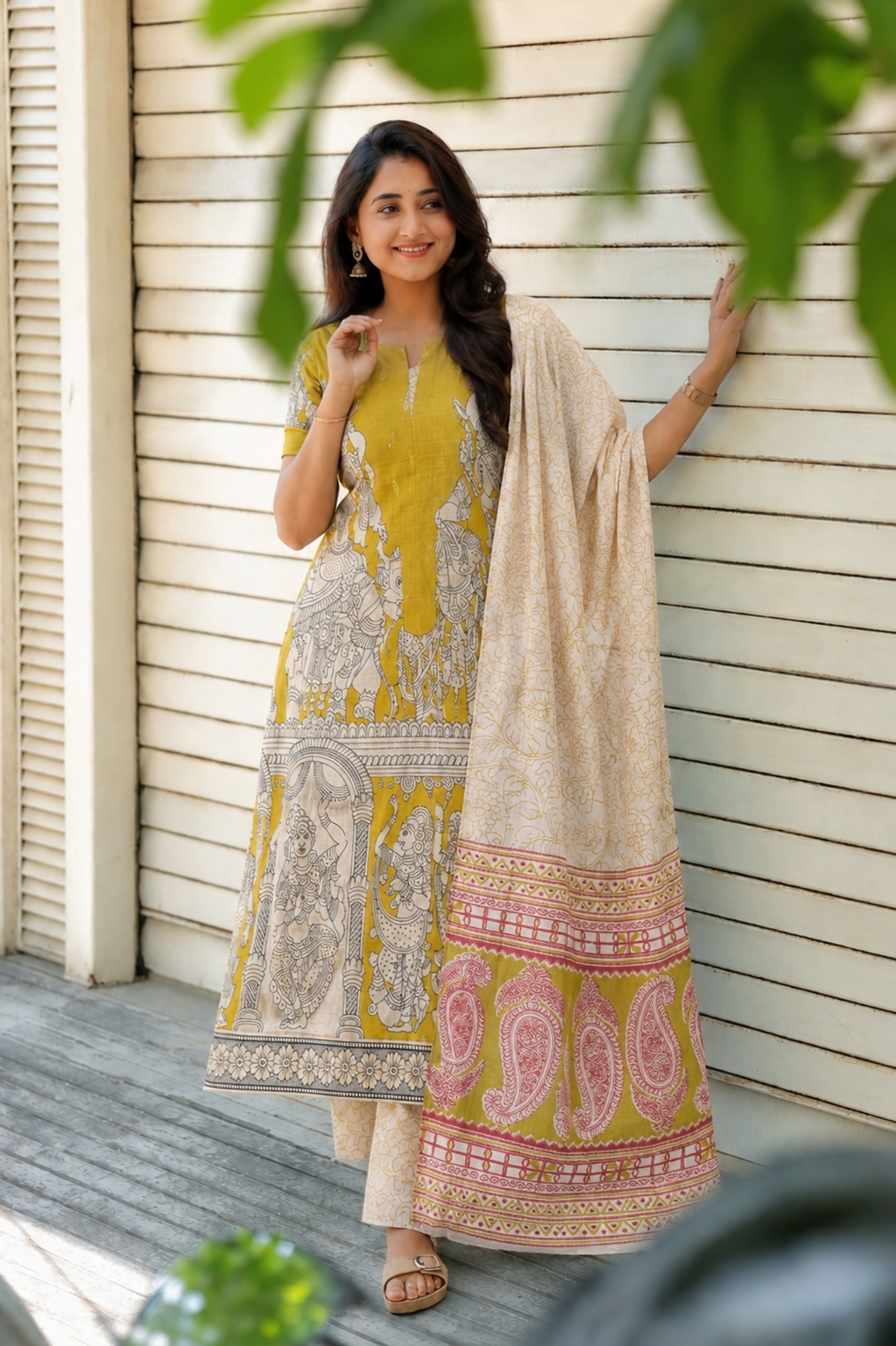 Block printed kalamkari cotton Maternity 3 pc chudidhar set [ Top with center zip, Pant and dupatta - Green ( A line kurti -No side open)