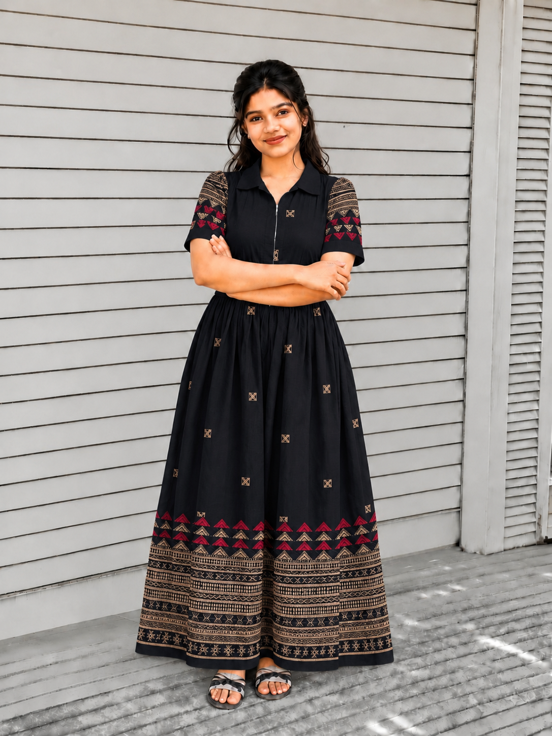 Handloom Jamdani - Maternity / Feeding - Maxi/Gown - Cotton Lining - Center zip- Collar black and Sandal