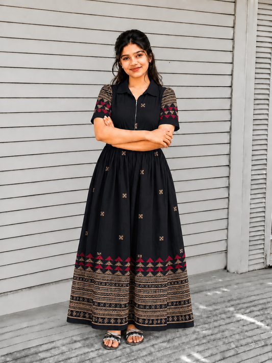 Handloom Jamdani - Maternity / Feeding - Maxi/Gown - Cotton Lining - Center zip- Collar black and Sandal
