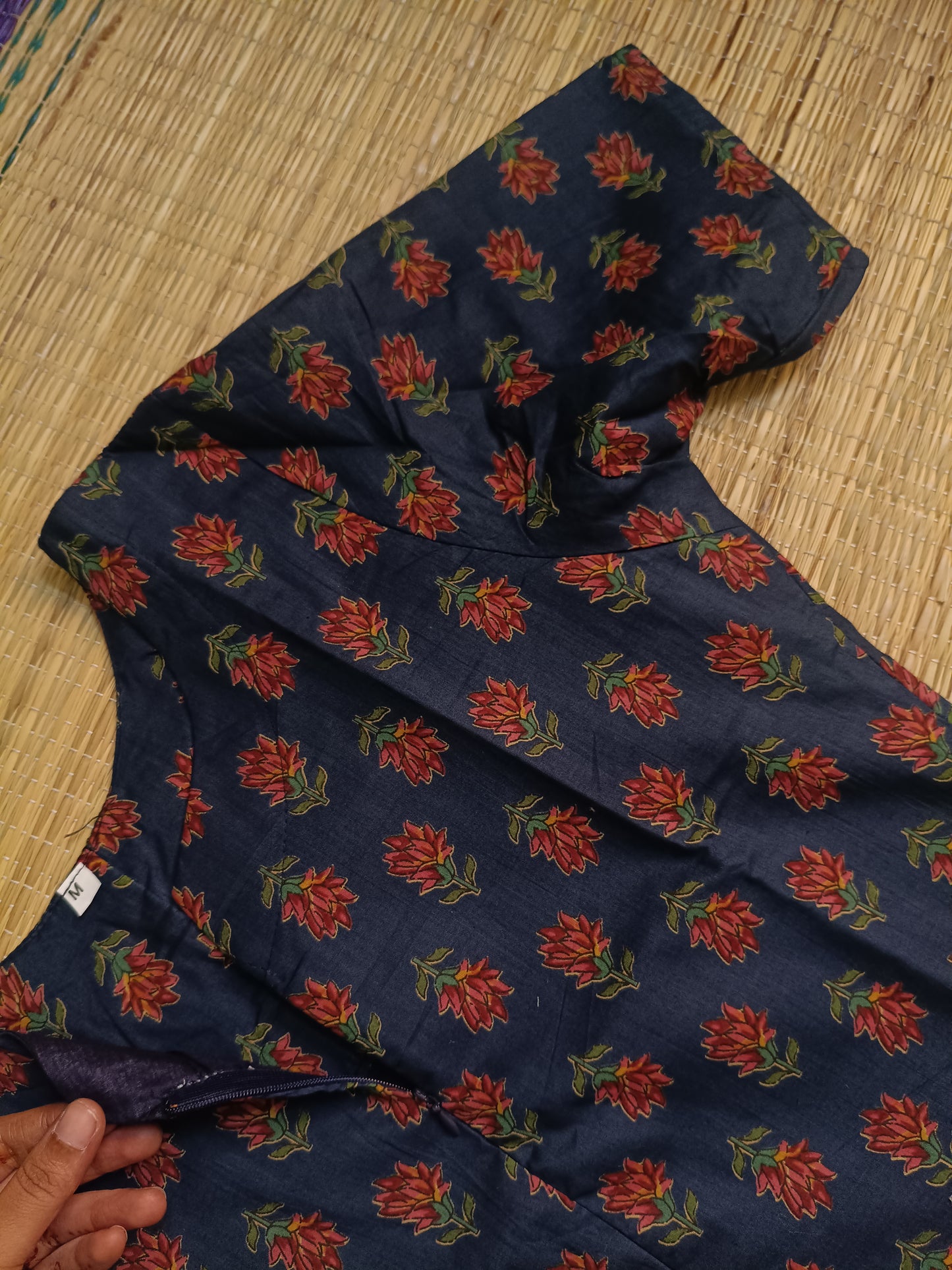 Kalamkari Cotton  A line Maternity Feeding Kurti /Center Zip(Dress length 45 inches)- Navy Mini flowers