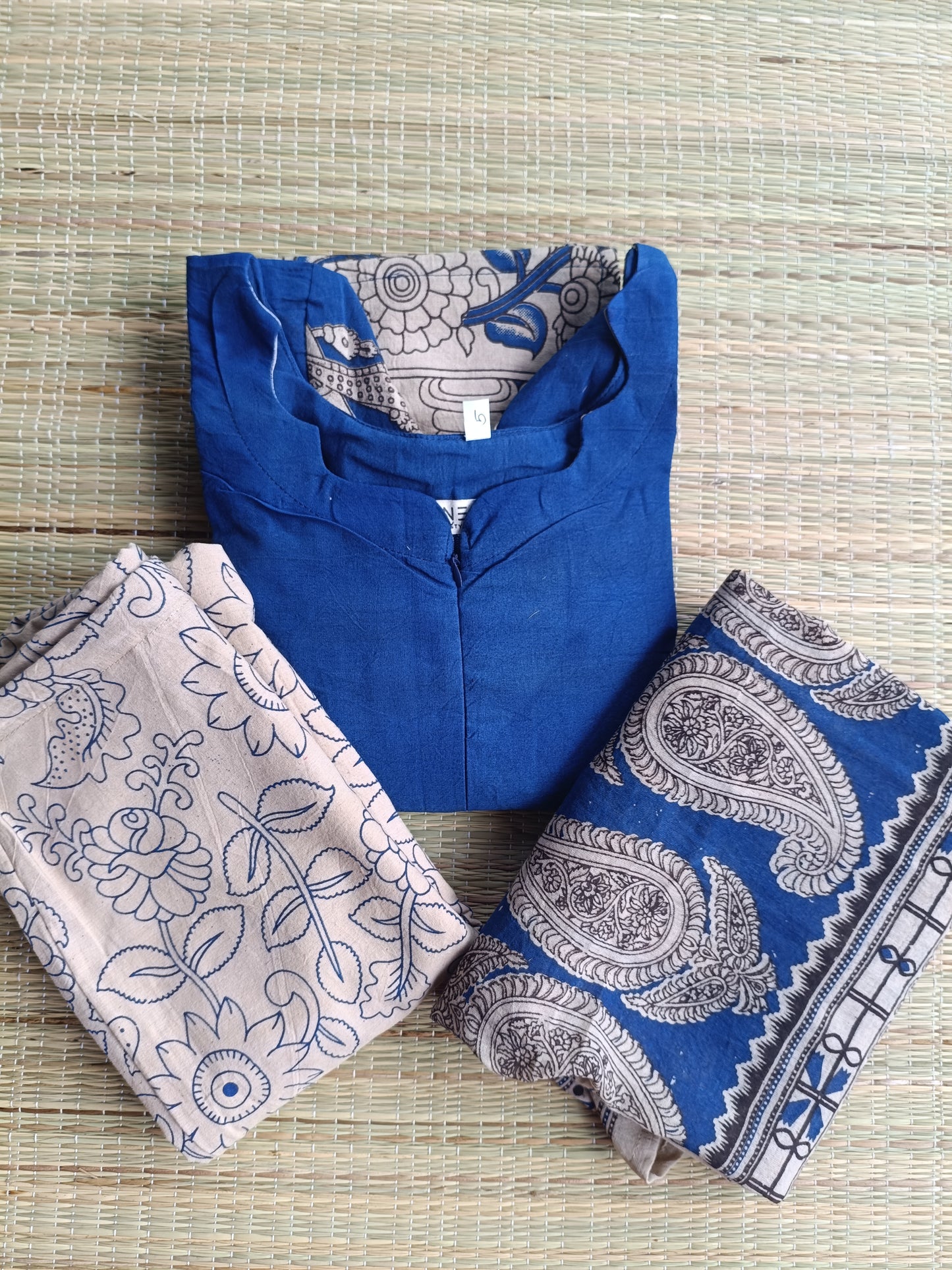 Block printed kalamkari cotton Maternity 3 pc chudidhar set [ Top with center zip, pant and dupatta] - Blue  Kalamkari