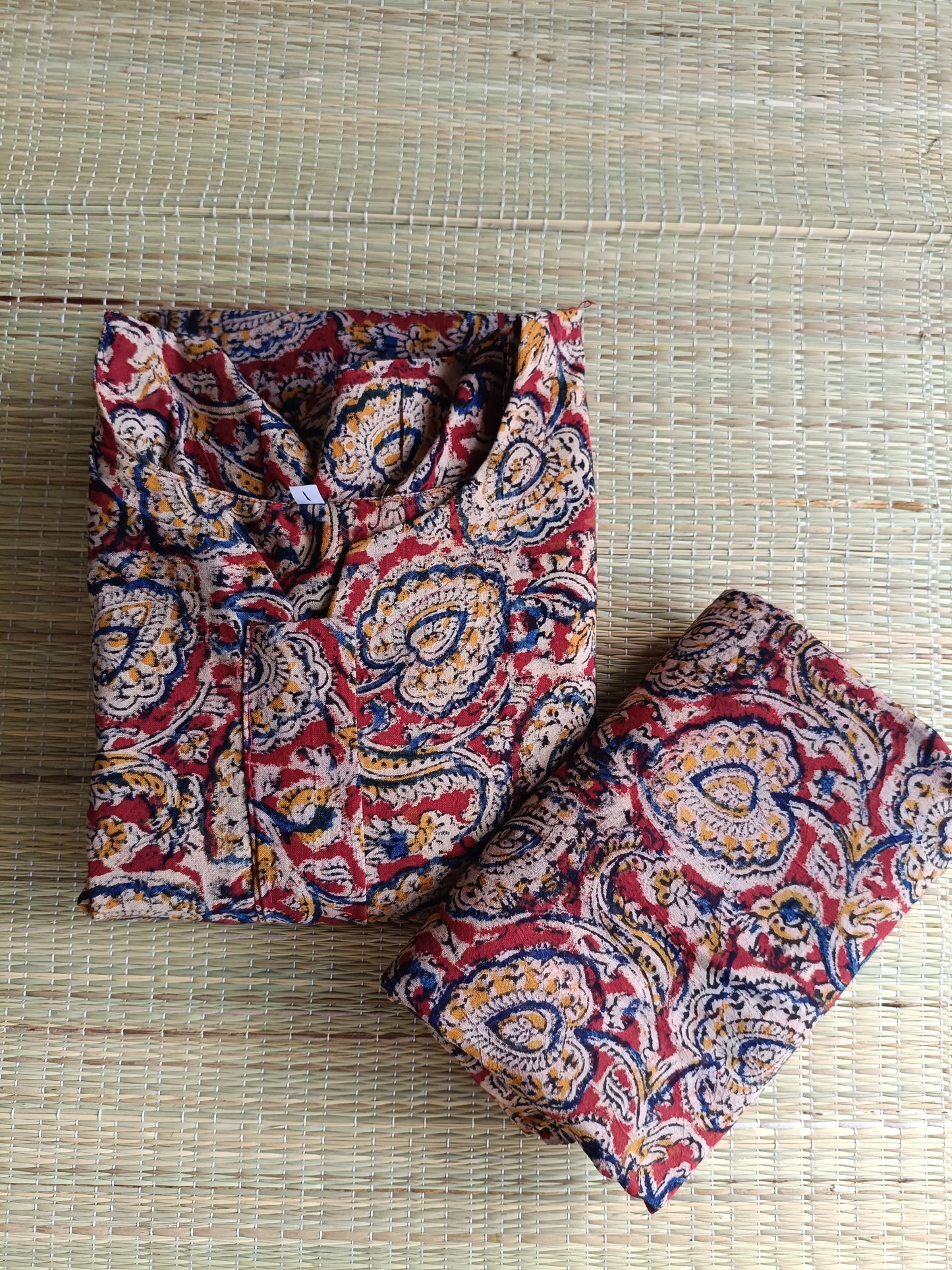 Block printed kalamkari cotton Maternity 2 pc chudidhar set [ Top with center side zip, and dupatta - Leaf red kalamkari (A line top)