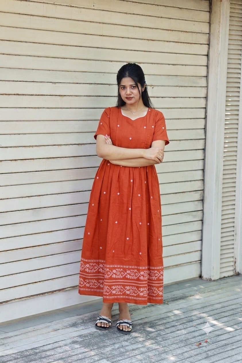 Handloom Jamdani - Maternity / Feeding - Maxi/Gown - Cotton Lining - Double side Zips - coffee brown